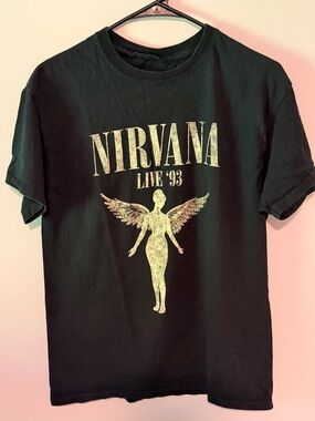 NIRVANA Black Tee with Gold Angel 'Live '93' Graphic
